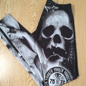B86 Womens Yakuza F¥CK SOCIETY Skull 💀 Print Leggings Size Xs